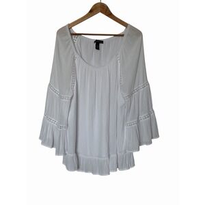 INC International Concepts Women White Ruffled Crochet Bell-Sleeve Top Sz XL